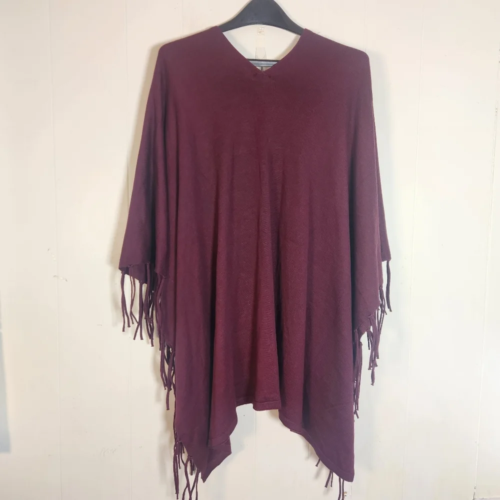 Chicos Monrovia Lace-up Fringe Poncho Shrug One Size Maroon Burgundy - Picture 3 of 14